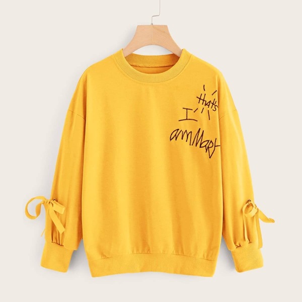 

Tie Side Letter Embroidery Sweatshirt, Yellow bright