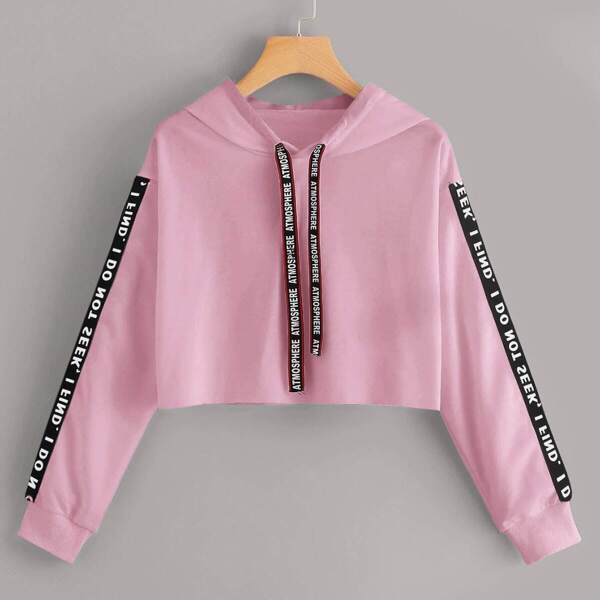 

Letter Tape Drawstring Crop Hoodie, Pink