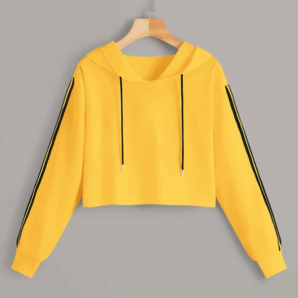 

Side Stripe Drawstring Crop Hoodie, Bright mustard yellow