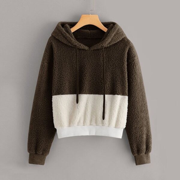 

Two Tone Drawstring Teddy Hoodie, Brown