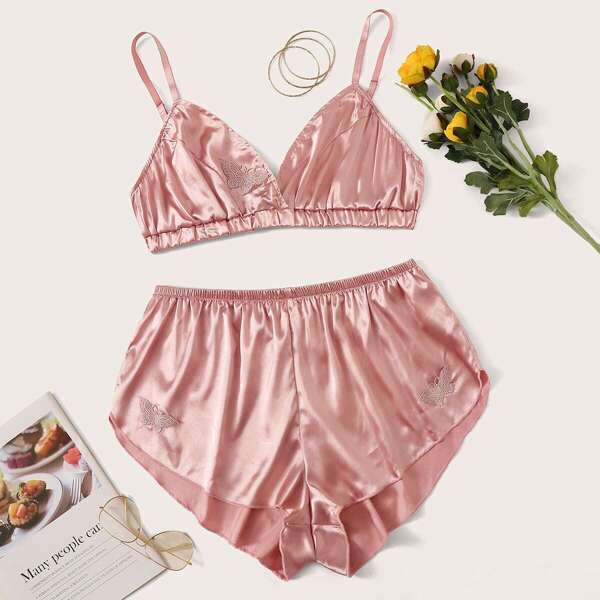 

Plus Butterfly Appliques Satin Bra With Shorts, Pink
