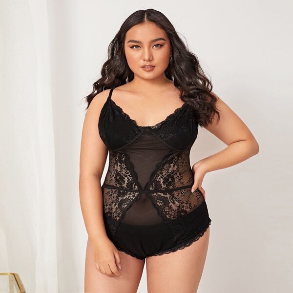 

Plus Floral Lace Mesh Teddy Bodysuit, Black