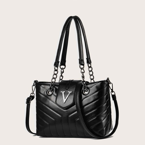 Letter Decor Twill Tote Bag, Black