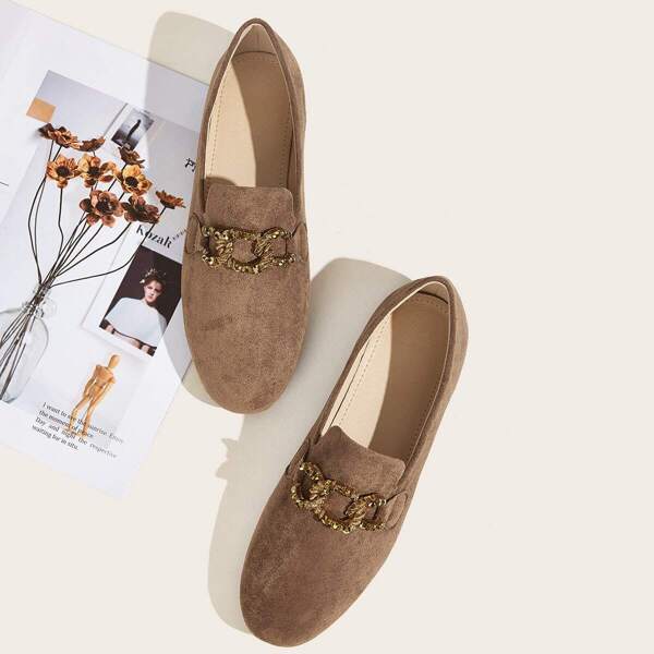

Textured Chain Decor Slip On Flat, Mocha brown