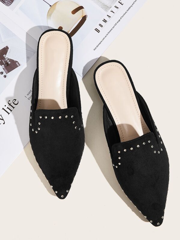 

Rivet Decor Point Toe Flat Mules, Black