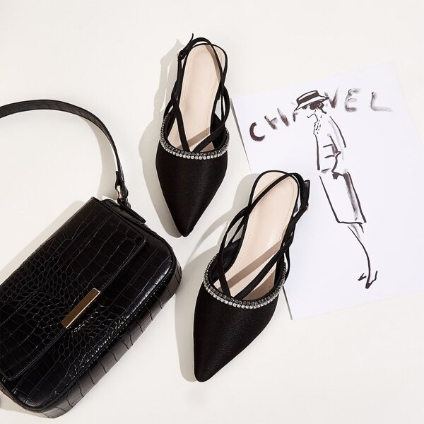 

Rhinestone Decor Point Toe Slingback Flats, Black