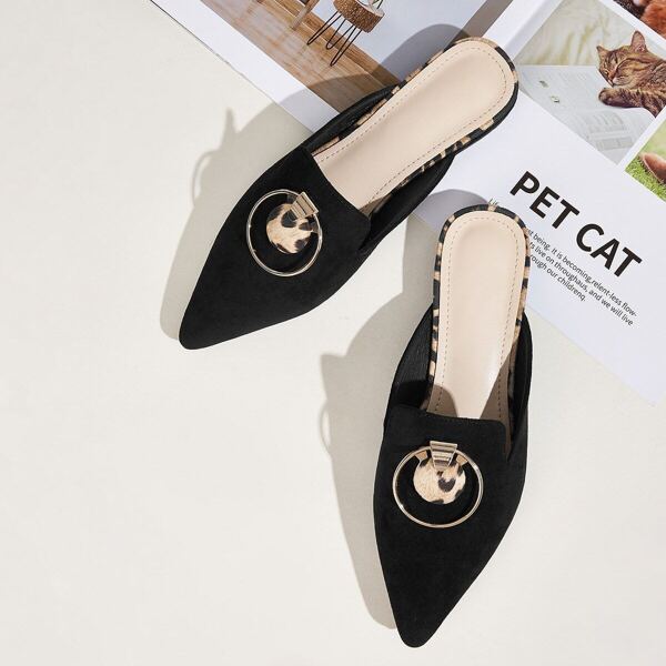 

Metal Ring Decor Point Toe Flat Mules, Black