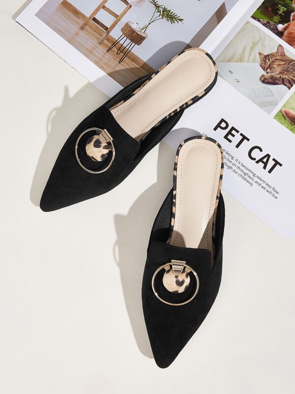 

Metal Ring Decor Point Toe Flat Mules, Black