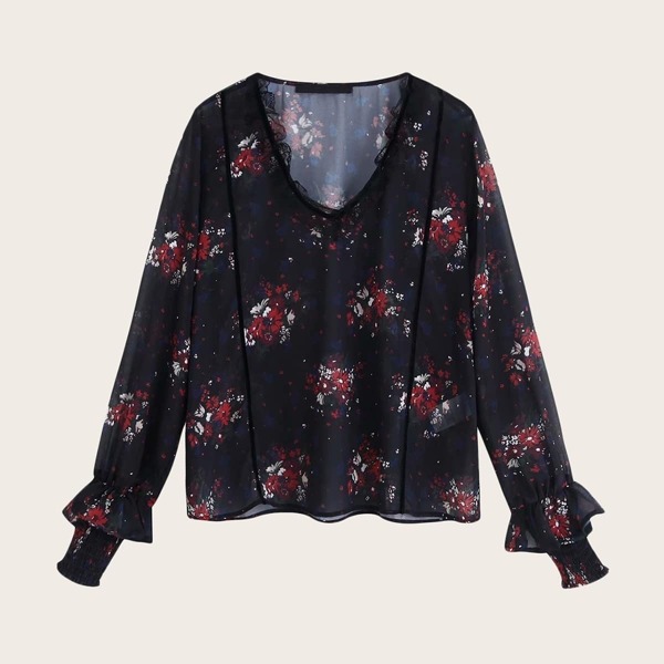 

Contrast Lace Floral Print Blouse, Black