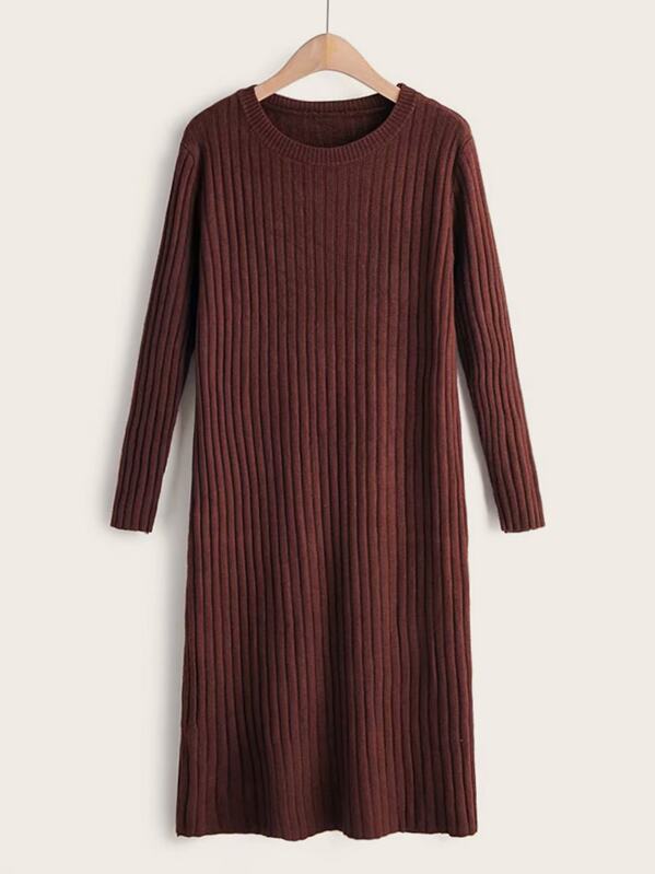 

Solid Round Neck Sweater Dress, Brown