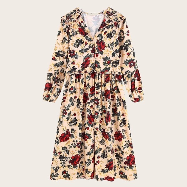 

V-neck Floral Print A-line Dress, Multicolor