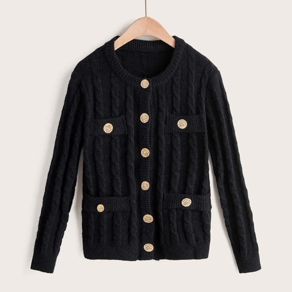 

Button Detail Cable Knit Cardigan, Black