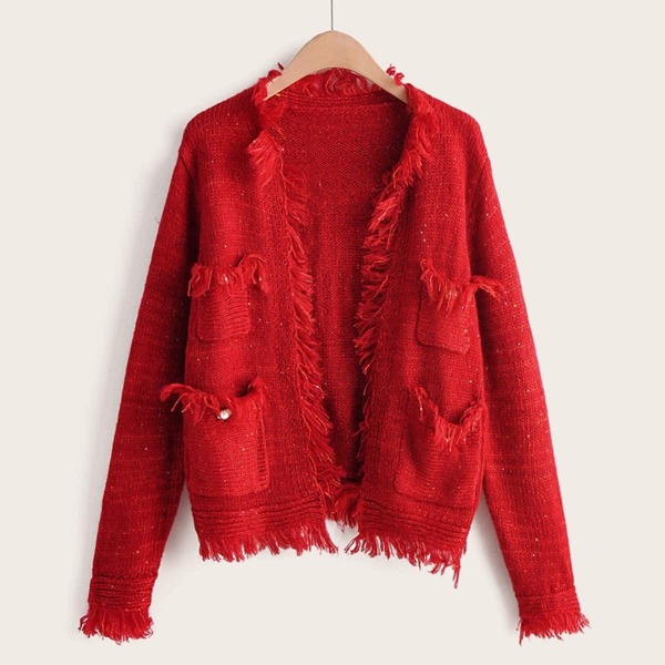 

Frayed Fringe Pocket Detail Cardigan, Red