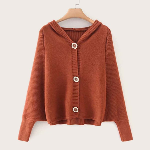 

Button Front Batwing Sleeve Hooded Cardigan
