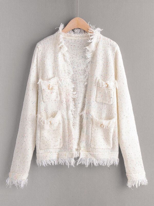 

Space Dye Frayed Trim Pocket Detail Cardigan, White