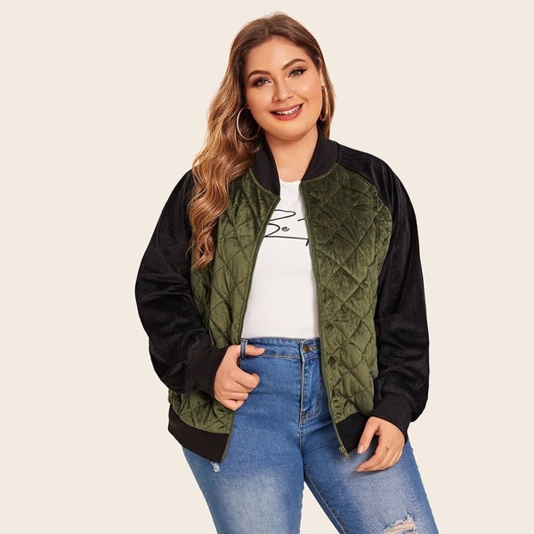 

Plus Two Tone Quilted Bomber Jacket, Multicolor