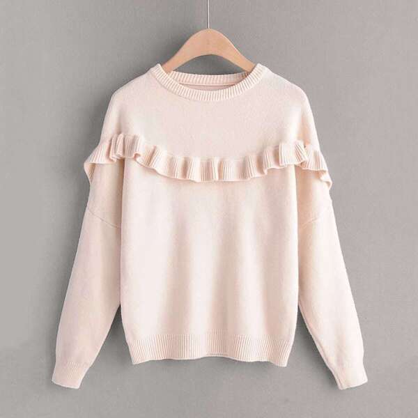 

Frill Trim Drop Shoulder Sweater, Beige