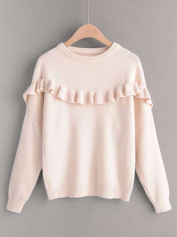 

Frill Trim Drop Shoulder Sweater, Beige