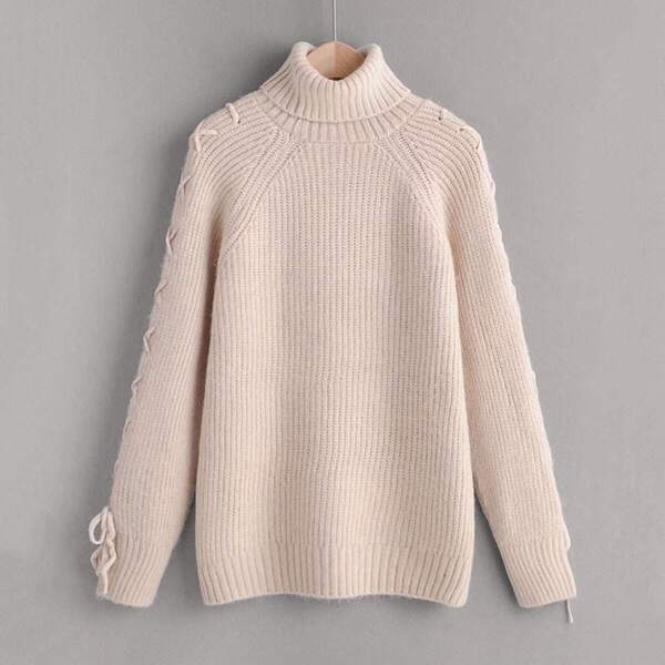 

High Neck Lace Up Sleeve Sweater
