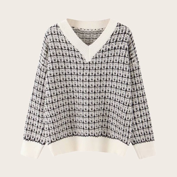 

V-neck Contrast Panel Sweater, Black and white
