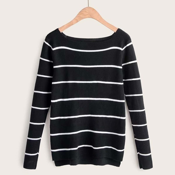 

Striped Print High Low Sweater, Black