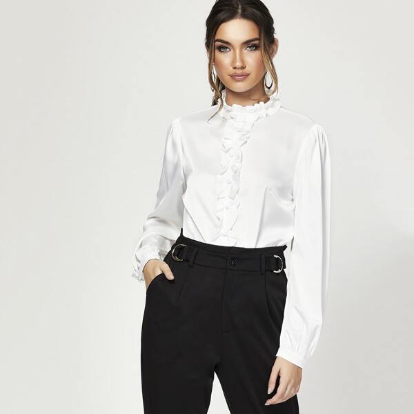 

Frill Trim Button Front Satin Top, White