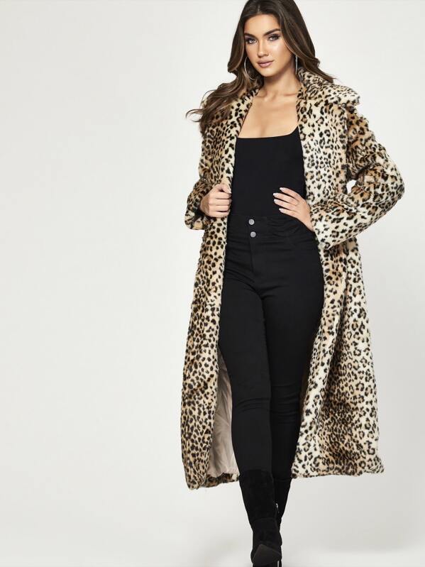 

Pocket Side Leopard Faux Fur Coat, Multicolor, Sara Baig