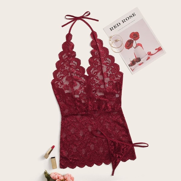 

Floral Lace Plunge Halter Dress With Thong