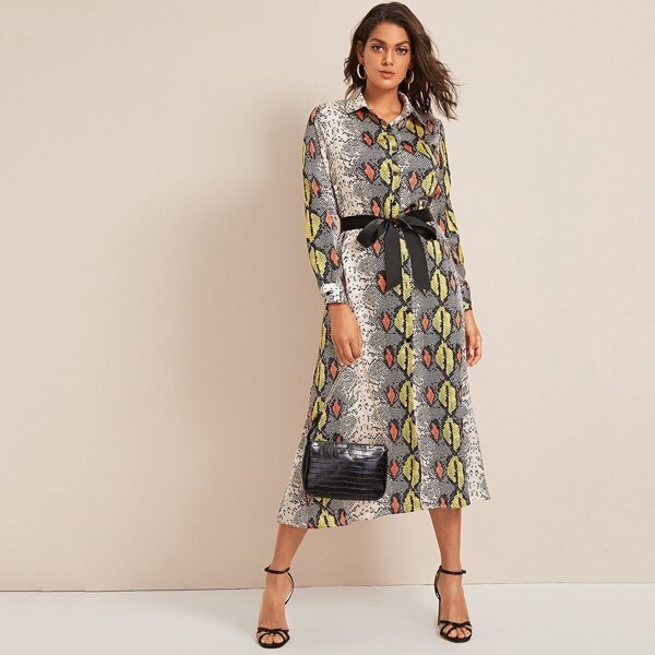 

Snakeskin Print Belted Shirt Dress