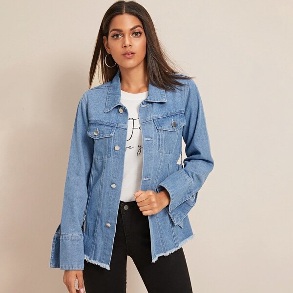 

Buttoned Front Raw Hem Denim Jacket With Buckle Belt