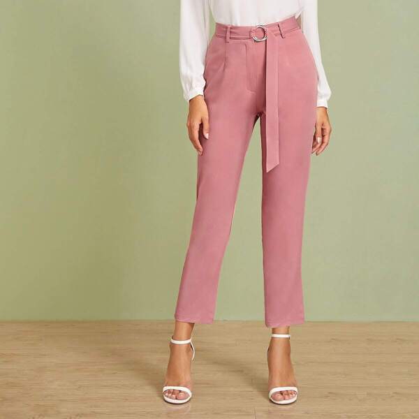 

Solid Crop Belted Cigarette Pants