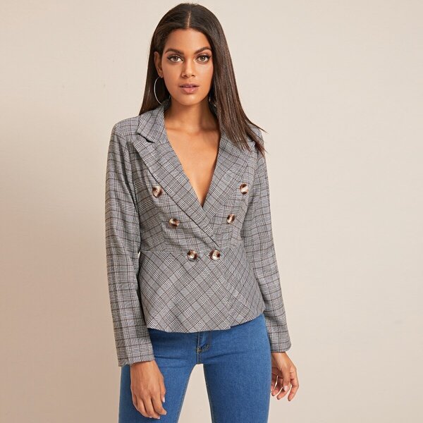 

Plaid Lapel Double Breasted Peplum Blazer, Grey