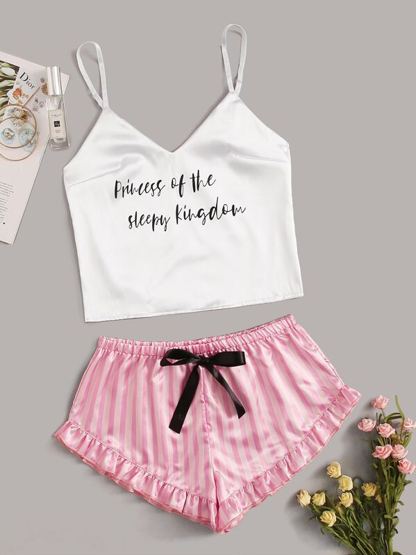 

Slogan Graphic Satin Cami With Striped Shorts, Multicolor