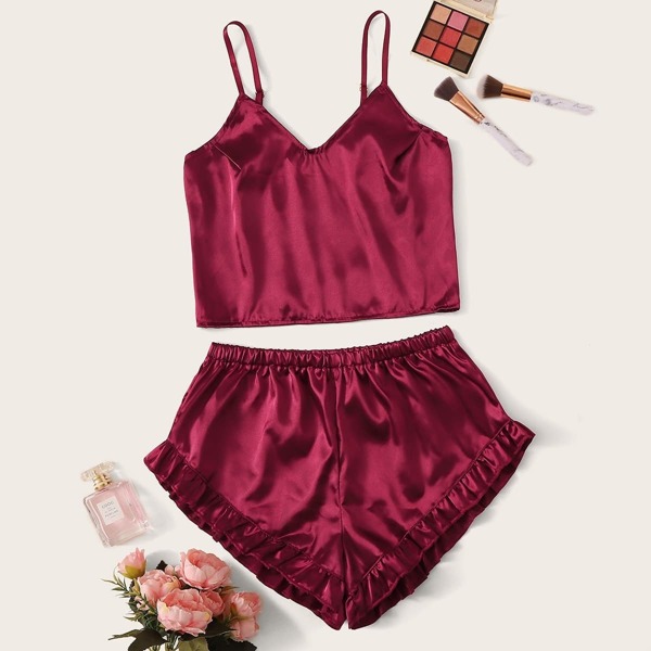 

Satin Cami Top With Ruffle Hem Shorts, Burgundy