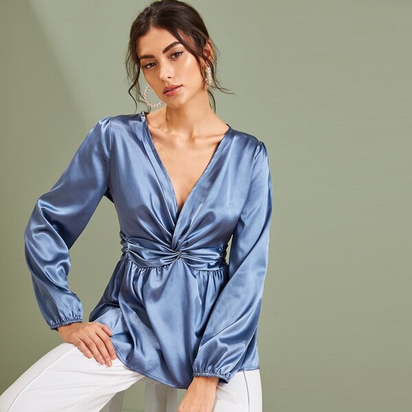 

Satin Surplice Twist Front Peplum Blouse, Blue