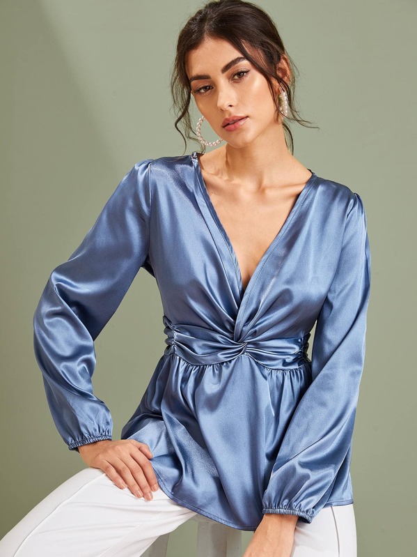 

Satin Surplice Twist Front Peplum Blouse, Blue, Carol A