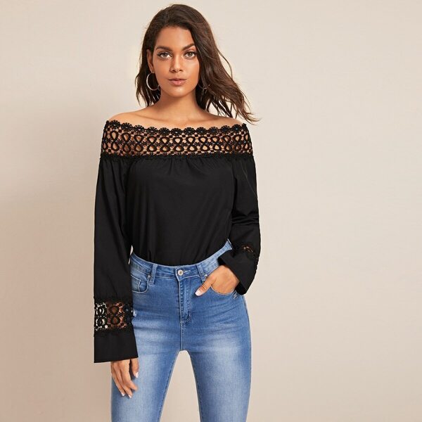 

Solid Lace Panel Bardot Blouse, Black