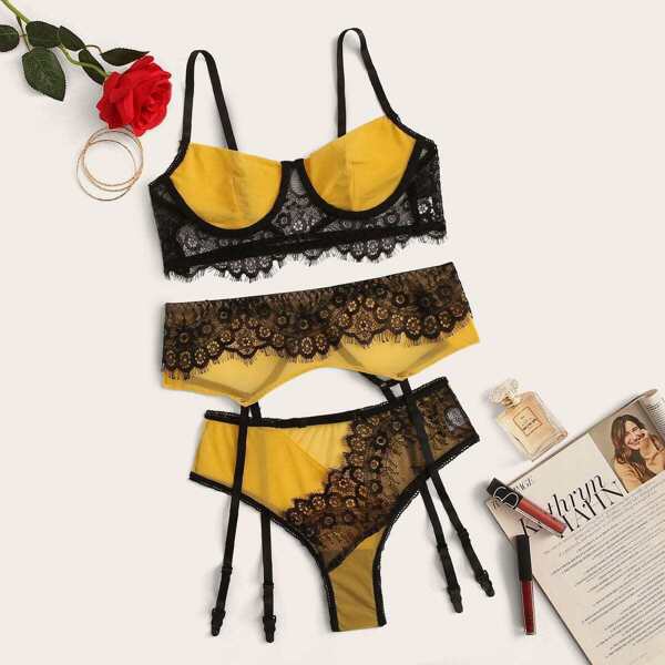 

Eyelash Lace Underwire Garter Lingerie Set, Yellow
