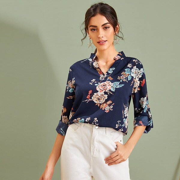 

Floral Notched Neck Rolled Sleeve Blouse, Navy