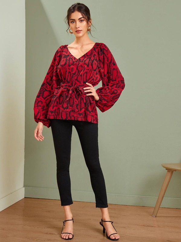 

Snakeskin V-neck Self Tie Blouse, Red, Carol A