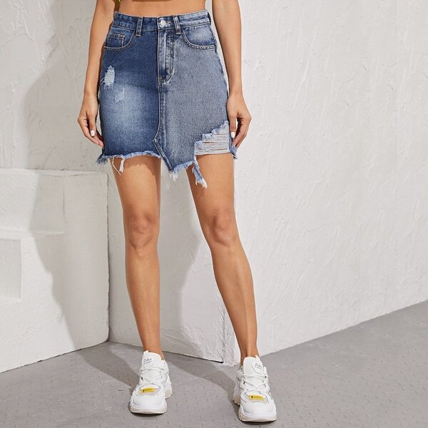 

Raw Hem Ripped Denim Skirt