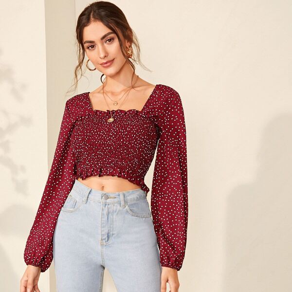 

Polka Dot Frill Trim Shirred Crop Blouse, Burgundy