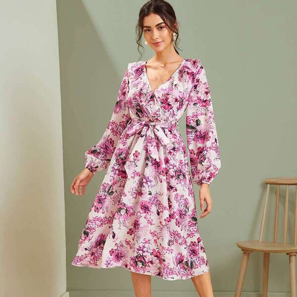 

Allover Floral Print Ruffle Trim Belted Dress