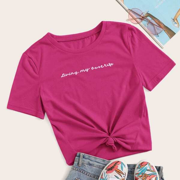 

Slogan Embroidery Short Sleeve Top, Pink bright