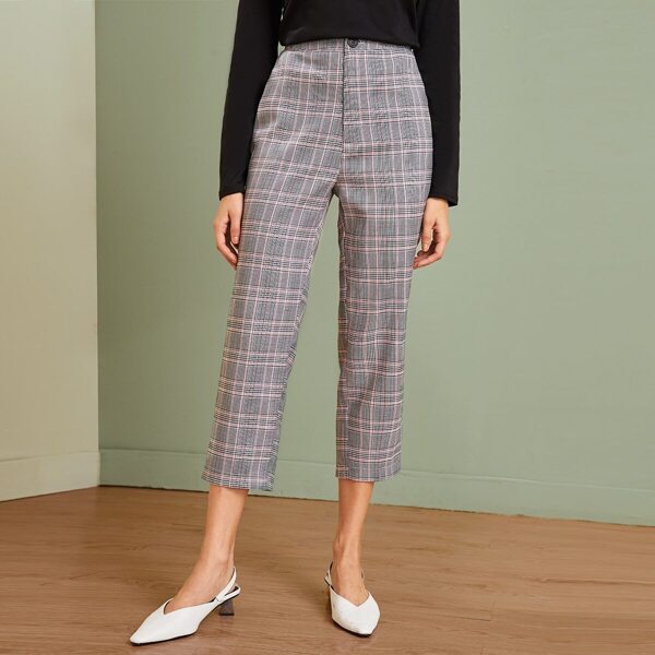 

Plaid Button Fly Capris Pants, Grey