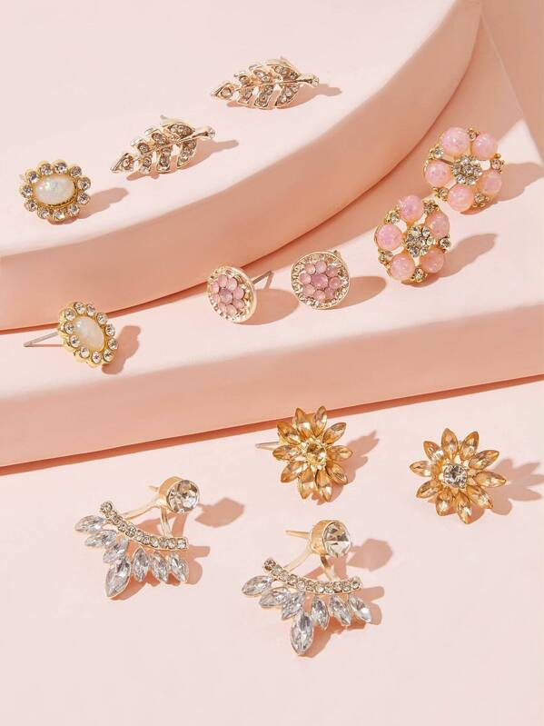 

Gemstone Decor Flower & Leaf Earrings 6pairs, Gold