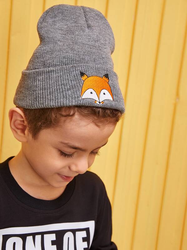 

Toddler Kids Fox Embroidery Cuff Beanie, Grey
