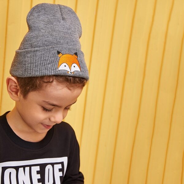

Toddler Kids Fox Embroidery Cuff Beanie, Grey