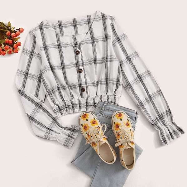 

Plaid Button Front Shirred Waist Blouse, Black and white