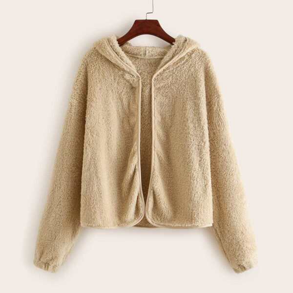 

Solid Open Front Hooded Teddy Jacket